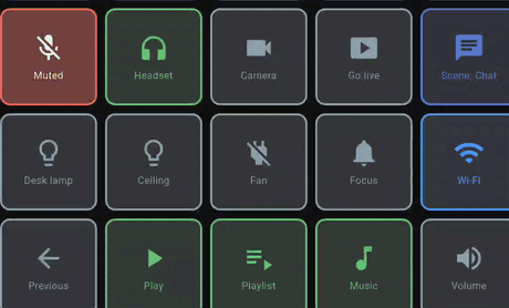 Part of a deck in use: the Go live button turns into a red LIVE button, Scene: Chat becomes Scene: Game, and the desk lamp, ceiling and focus buttons light up as they turn on
