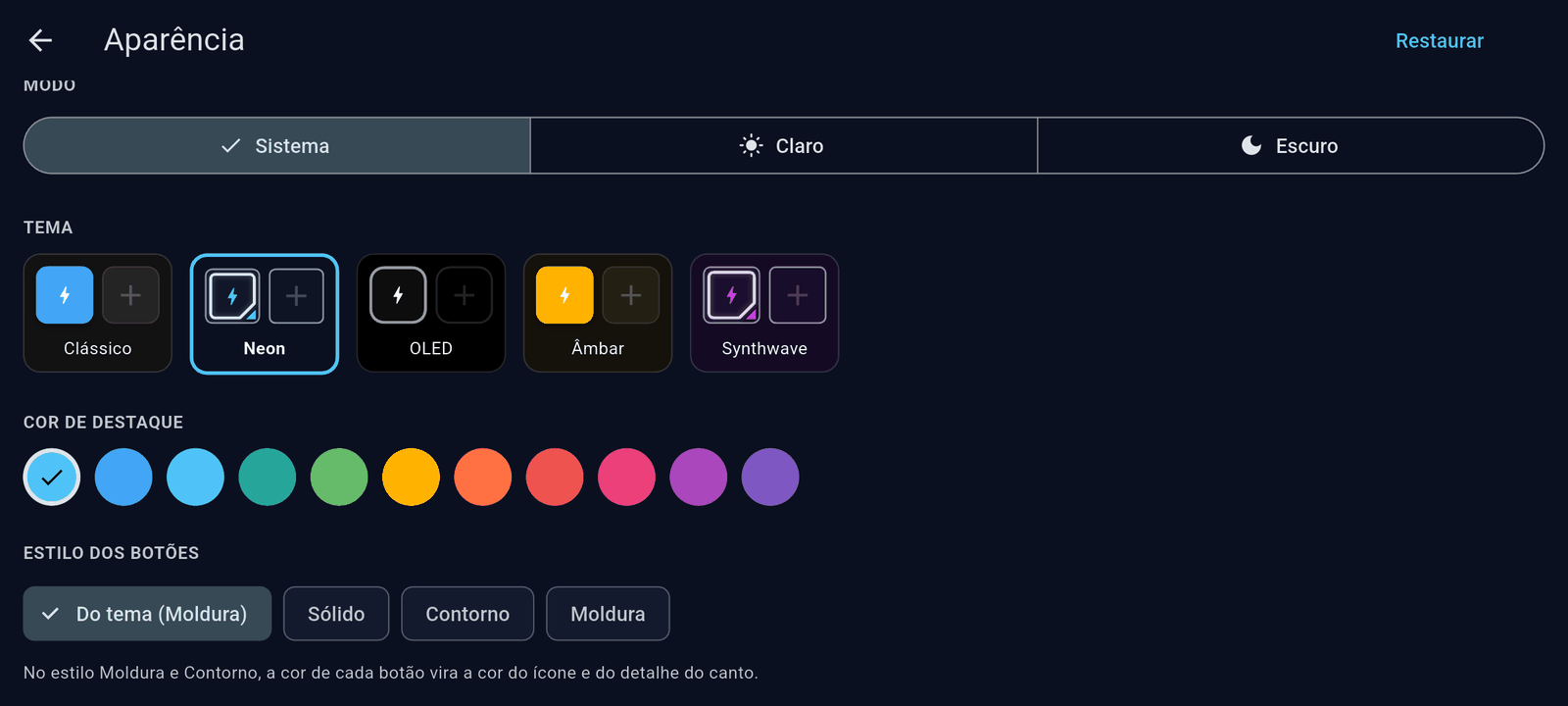 Appearance screen: themes, accent colour and button style