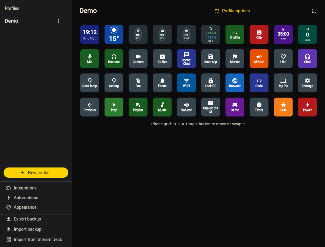 The configurator with the demo profile: profiles and tools on the left and a 10 × 4 grid of buttons in the middle