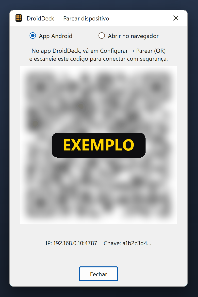 Janela "DroidDeck — Parear dispositivo": opções App Android e Abrir no navegador, um QR code borrado com a marca EXEMPLO e a linha "IP: 192.168.0.10:4787 Chave: a1b2c3d4…" acima do botão Fechar