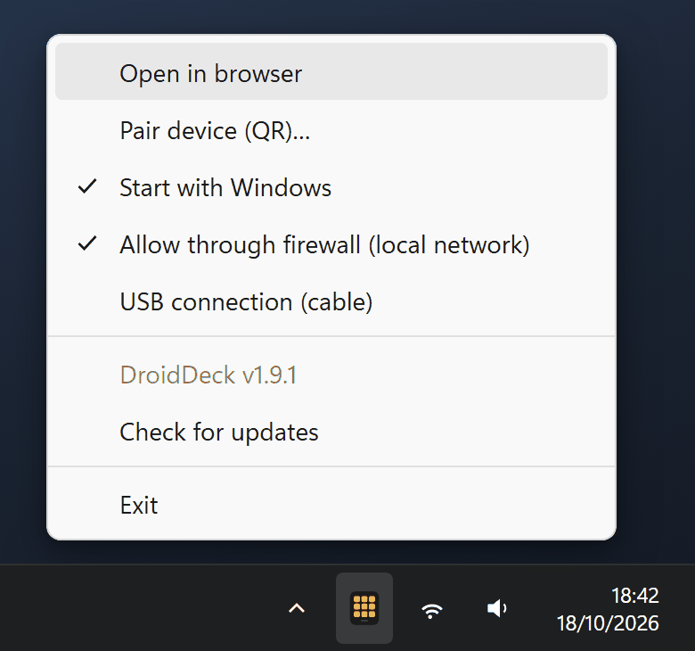 DroidDeck's tray menu: Open in browser, Pair device (QR), Start with Windows, Allow through firewall (local network), USB connection (cable), the version, Check for updates and Exit